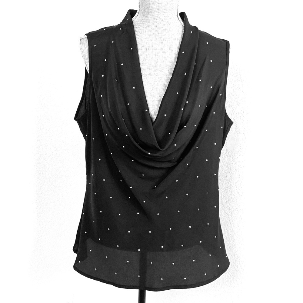 Front Sheer Black Cowl Neck with Jewel Accent.